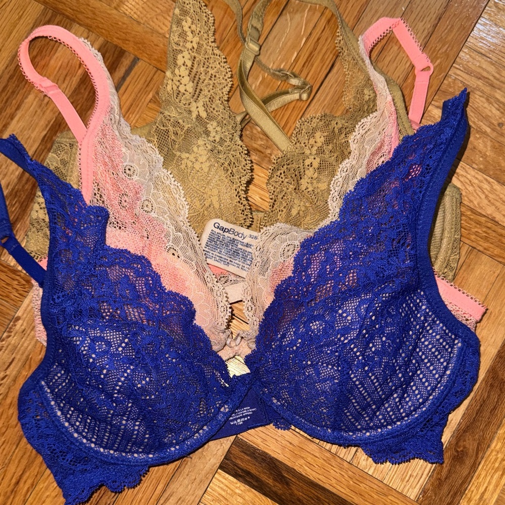 GAPBODY sexiest Lace Bralette Set - Blue, Pink, Tan 32B